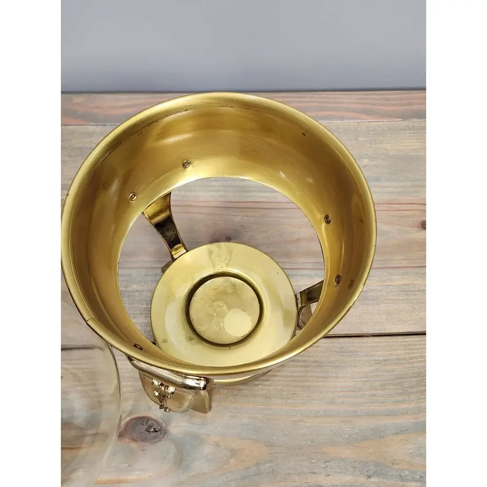 Vintage MCM Brass & Glass Coffee/Tea Carafe Warmer Stand Etched